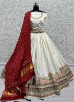 Gadhwal Silk White Red Traditional Wear Thread Work Lehenga Choli